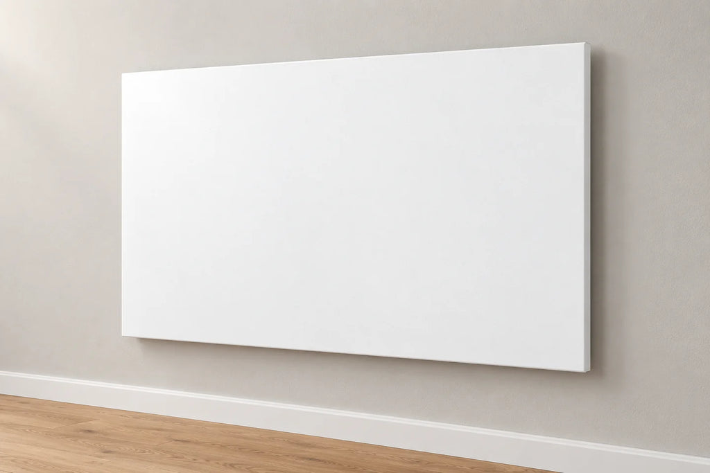 Weiße rahmenlose Infrarotheizung EASY an einer hellen Wand.