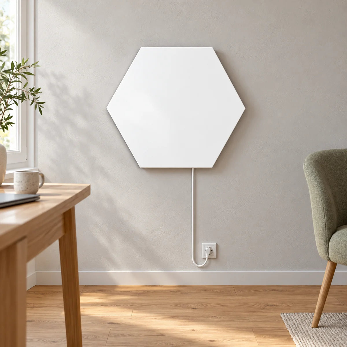 Weiße sechseckige Infrarotheizung an einer hellen Wand.