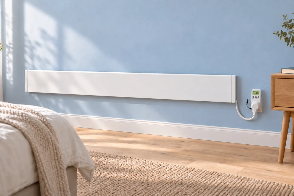Weiße Wärmeleiste mit Steckdosen-Thermostat an einer graublauen Schlafzimmerwand.