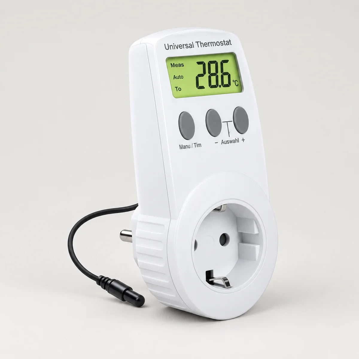 Weißes Steckdosen-Thermostat mit LCD-Anzeige, Schuko-Steckdose und abgesetztem Temperaturfühler.