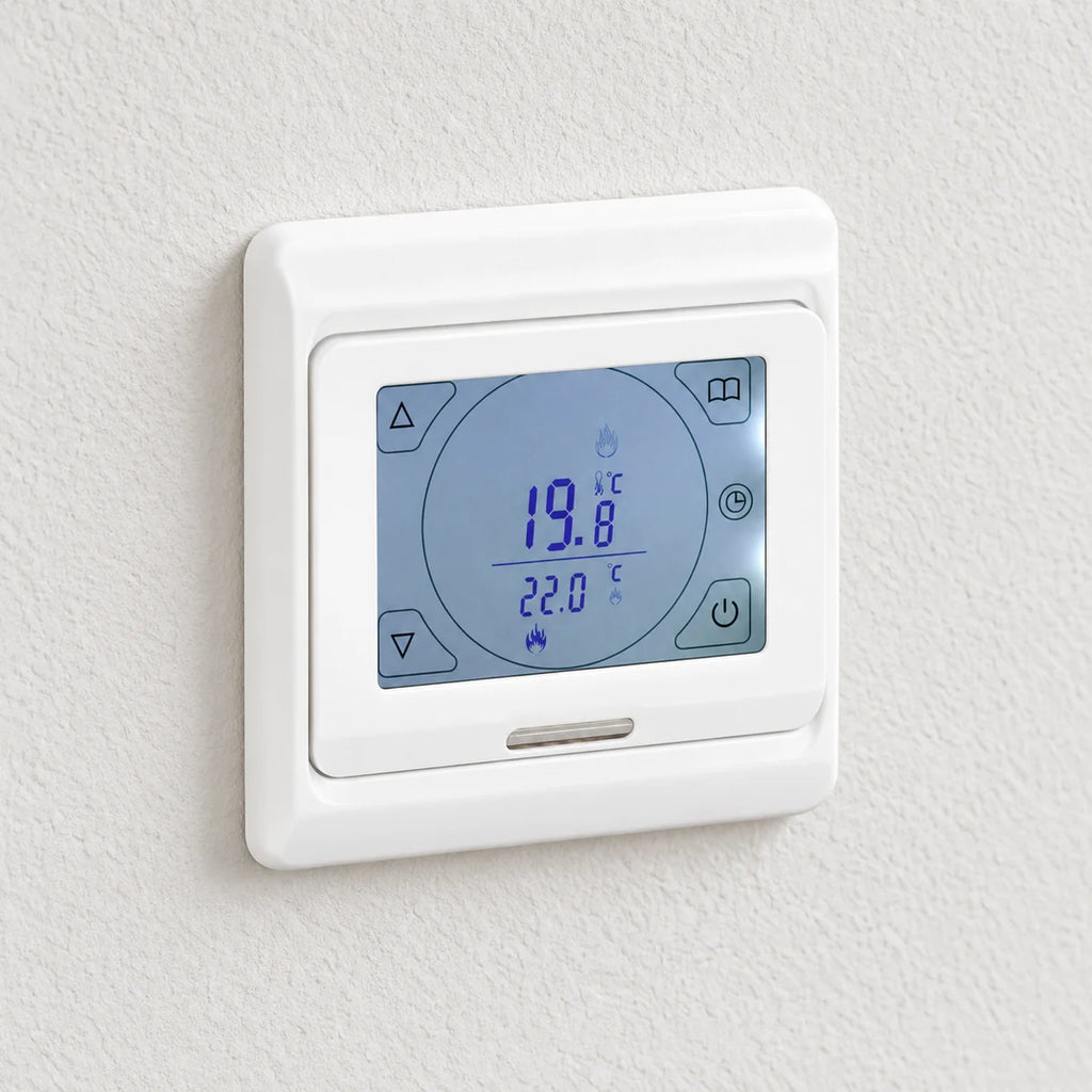 Weißes digitales Wandthermostat mit blauem Touchscreen an einer hellen Putzwand.