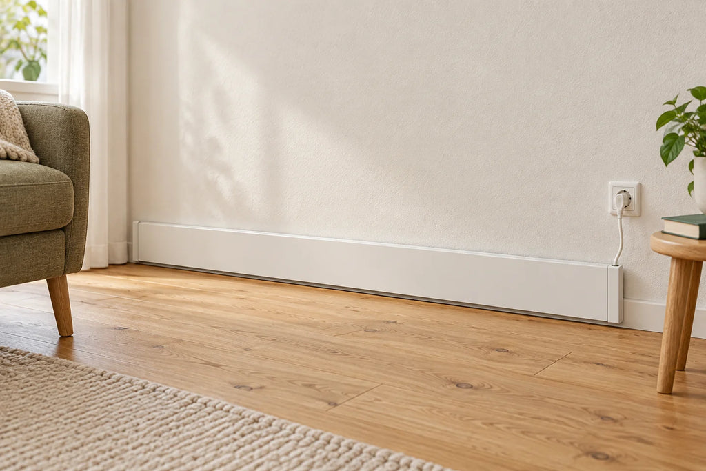 Weiße Wärmeleiste aus dem Einsteiger-Set an einer Wohnraumwand.